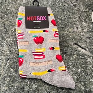 Hot Sox Gray Crew Socks with Red Apples, Yellow Pencils & Tan Rulers